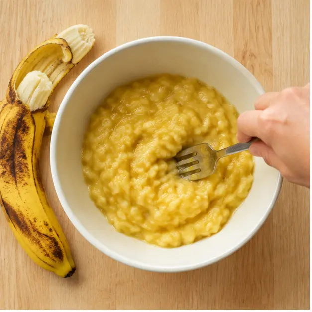 Mashing overripe bananas with a fork in a ceramic bowl