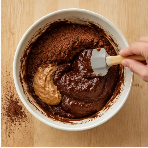 Folding cocoa powder and creamy peanut butter into a thick glossy batter