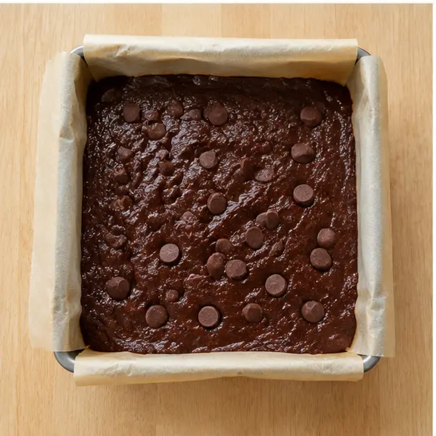 Scraping the batter into a parchment-lined square pan and pressing chocolate chips on top