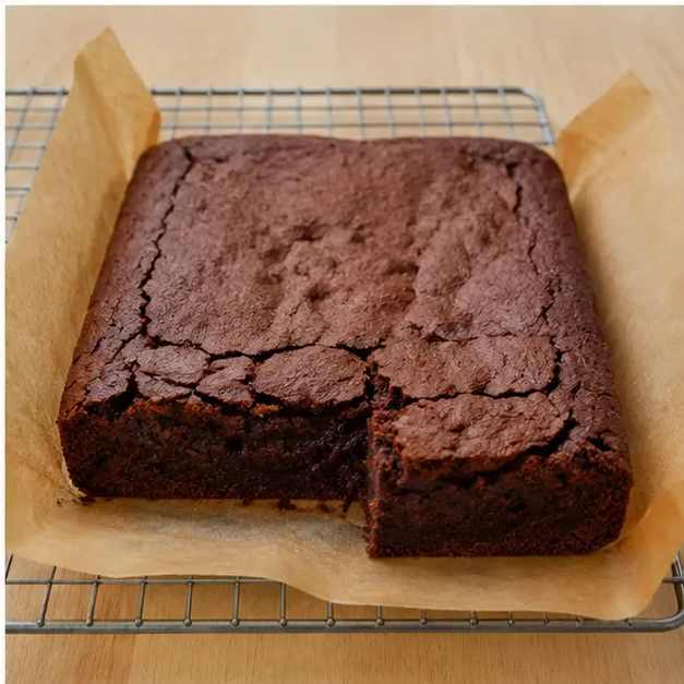 Lifting the baked brownie block from the pan with parchment and slicing it into fudgy squares
