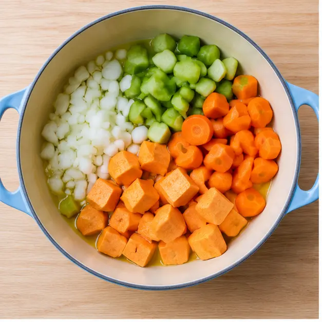 Step 1: Sweat chopped onion, celery, carrots, and sweet potato in warm oil until glossy