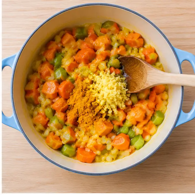 Step 2: Stir minced ginger and turmeric into the vegetables until the onion turns translucent