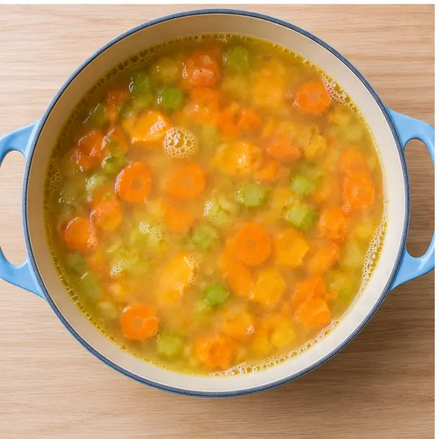 Step 3: Pour in orange juice and broth and simmer until the vegetables are fully tender