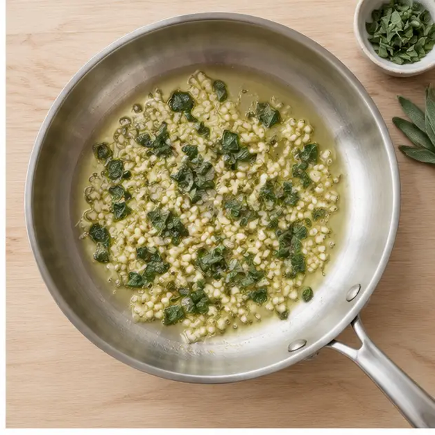 Step 2: chopped garlic and fresh sage sizzling gently in olive oil in a wide skillet
