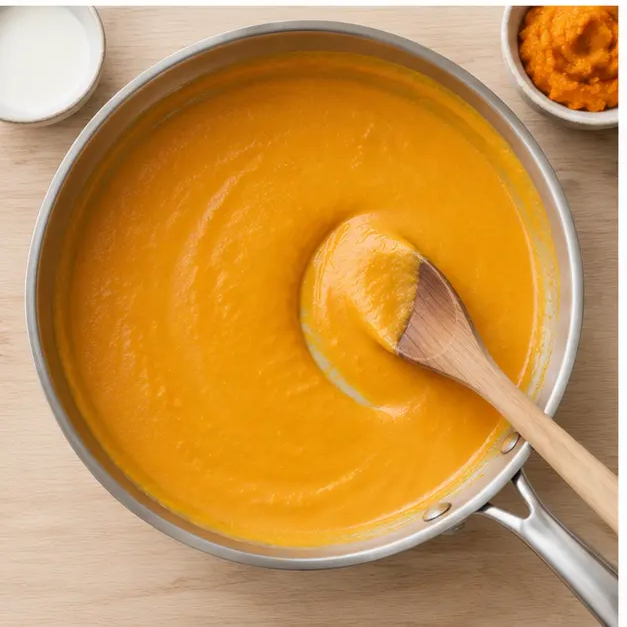 Step 3: canned pumpkin puree, milk and nutmeg stirred into a smooth creamy orange pumpkin sauce