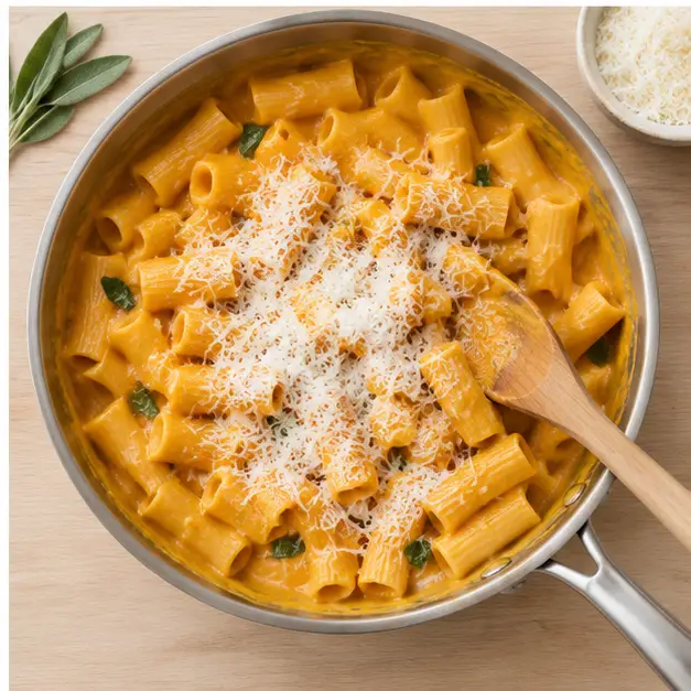 Step 4: rigatoni tossed with the thick glossy pumpkin sauce and grated Parmesan folded in off the heat