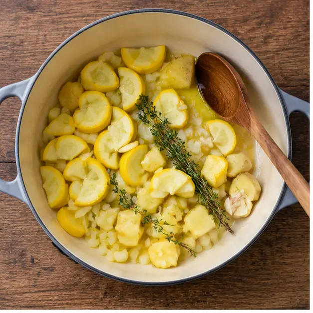Step 1: Sliced squash, onion, potato, garlic and thyme sweating in coconut oil inside a Dutch oven