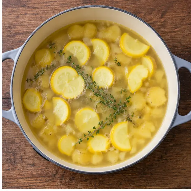 Step 2: Vegetable broth added, squash and potato simmering until tender