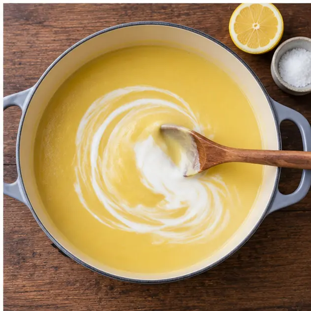 Step 4: Coconut milk and lemon stirred into the finished soup with a white swirl forming
