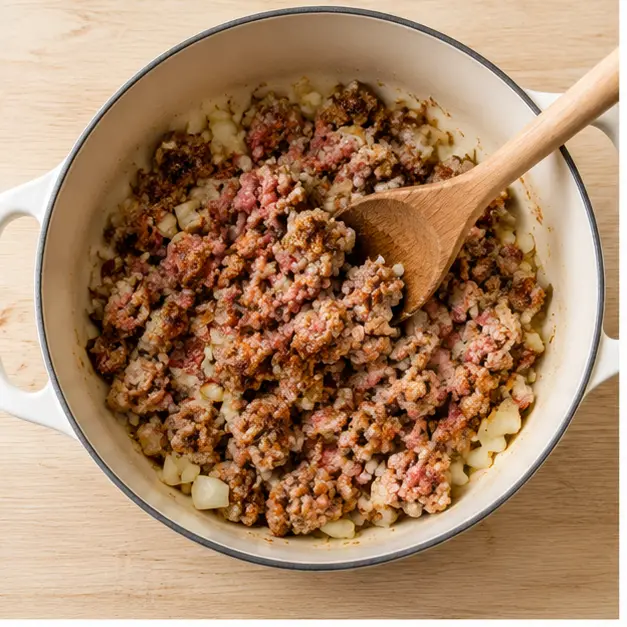 Step 1: Brown crumbled Italian sausage with chopped onion in a Dutch oven until golden