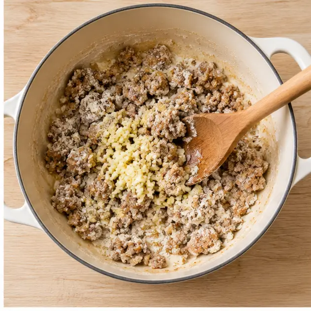 Step 2: Bloom minced garlic and dust flour over the sausage to build the roux base
