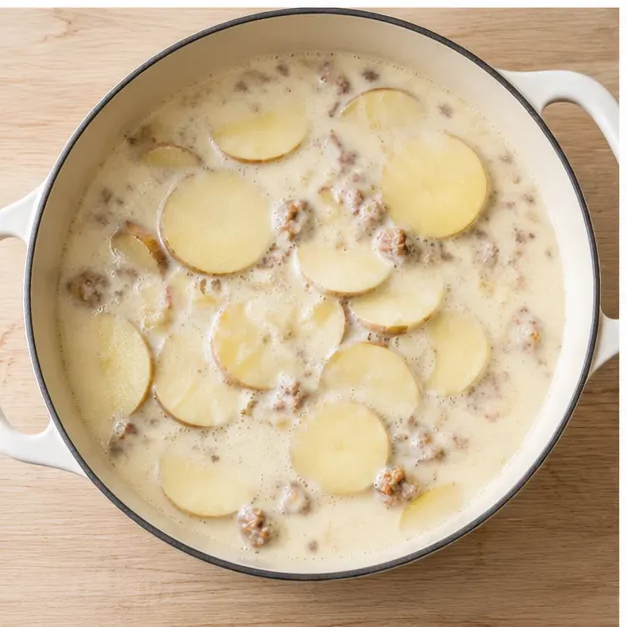 Step 3: Pour in broth and milk, then add sliced Russet potato coins to simmer until tender
