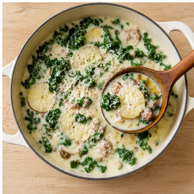 Step 4: Stir in kale, heavy cream, and Parmesan until the soup turns glossy and pale green