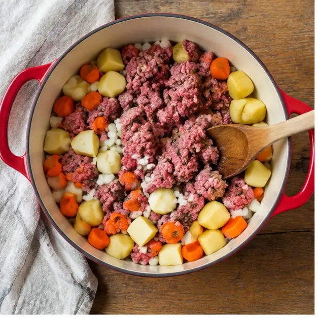 Step 1: Brown raw ground beef with diced onion, sliced carrots, cubed potatoes, oregano, salt and pepper in a red enameled Dutch oven