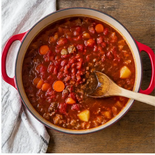 Step 2: Pour in low-sodium beef broth and canned diced tomatoes, scrape the browned bits, and bring the deep brick-red broth to a boil