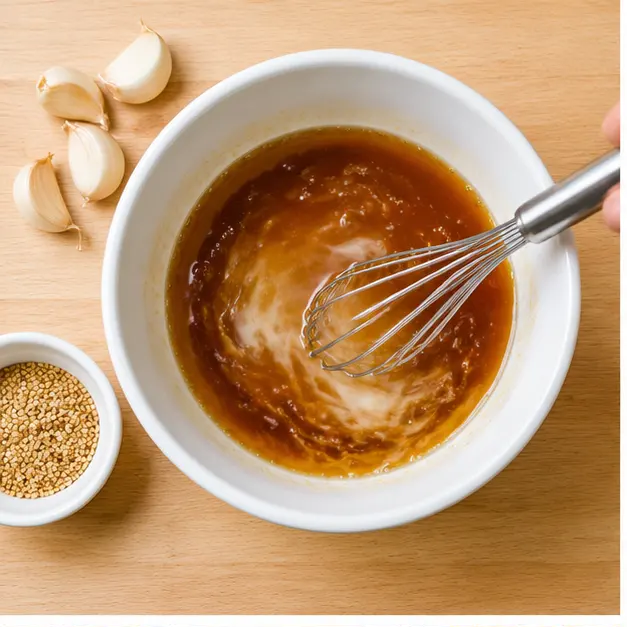 Step 1: Whisking brown sugar, soy sauce, rice vinegar and cornstarch slurry into a cloudy amber sauce
