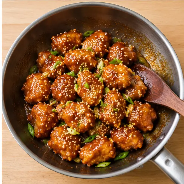 Step 4: Tossing golden crispy chicken in glossy reduced amber sauce and scattering sesame seeds and green onion