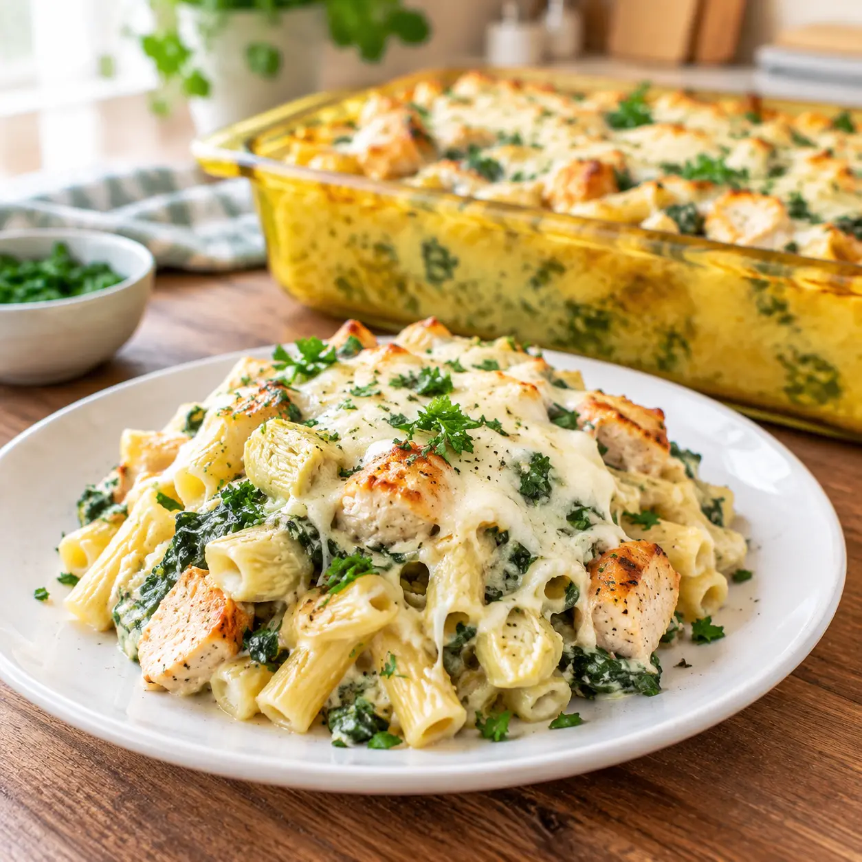 spinach artichoke chicken pasta casserole - final presentation