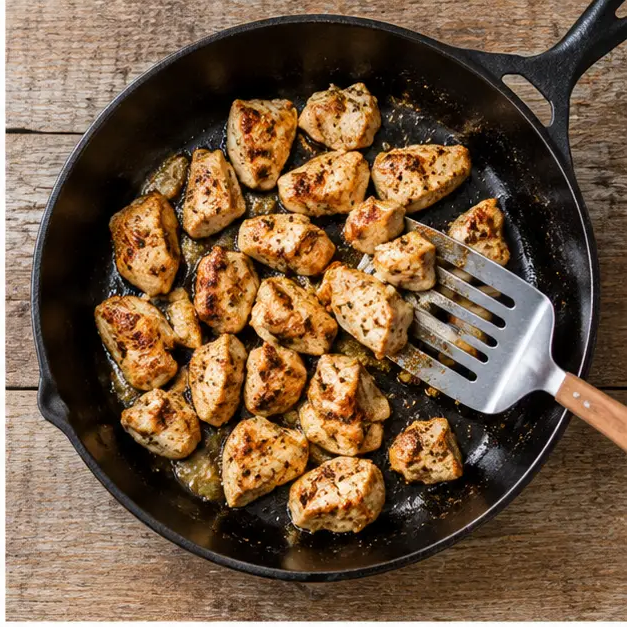 Step 2: Sear bite-size pieces of chicken fillet in a skillet until golden and cooked through