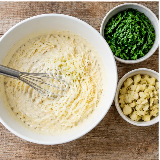 Step 3: Whisk cream cheese, Greek yogurt, milk, garlic and cheeses into a smooth sauce, then fold in spinach, artichokes, pasta and chicken