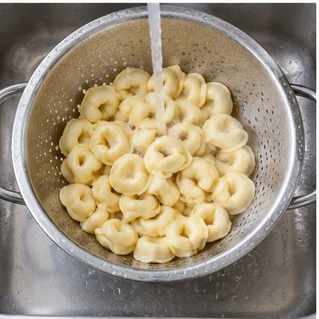 Step 3: Drain the tortellini and run cold water over them in a colander to stop the cooking