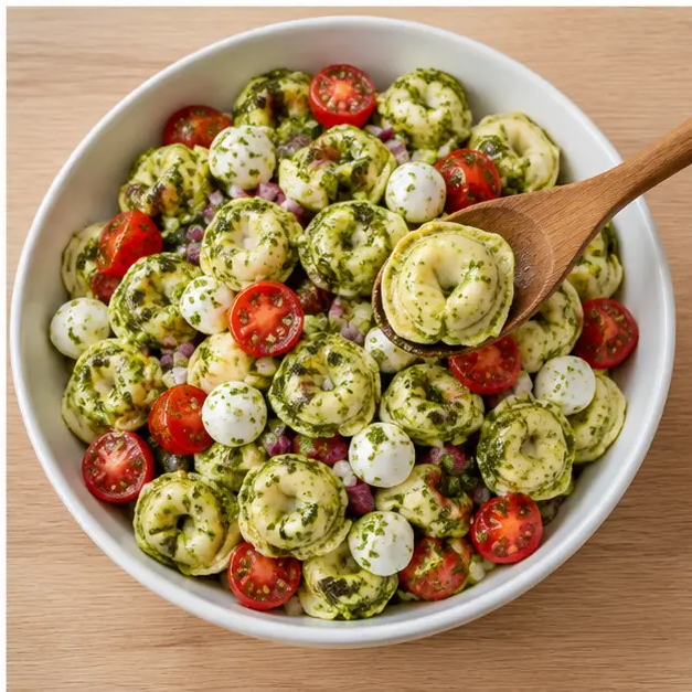 Step 4: Toss the cooled tortellini with basil pesto, cherry tomatoes, mozzarella pearls, and red onion