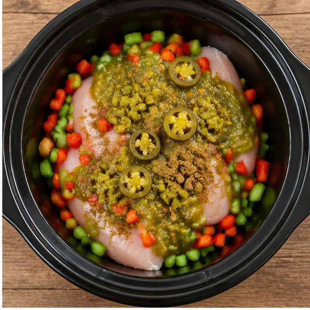 Step 2: Raw chicken fillets layered with peppers, salsa verde, chiles and jalapenos in the slow cooker insert