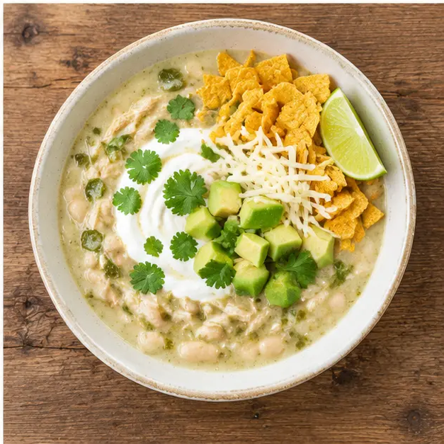 Step 4: Finished chili ladled into a cream ceramic bowl and topped with cilantro, avocado, cheese and lime