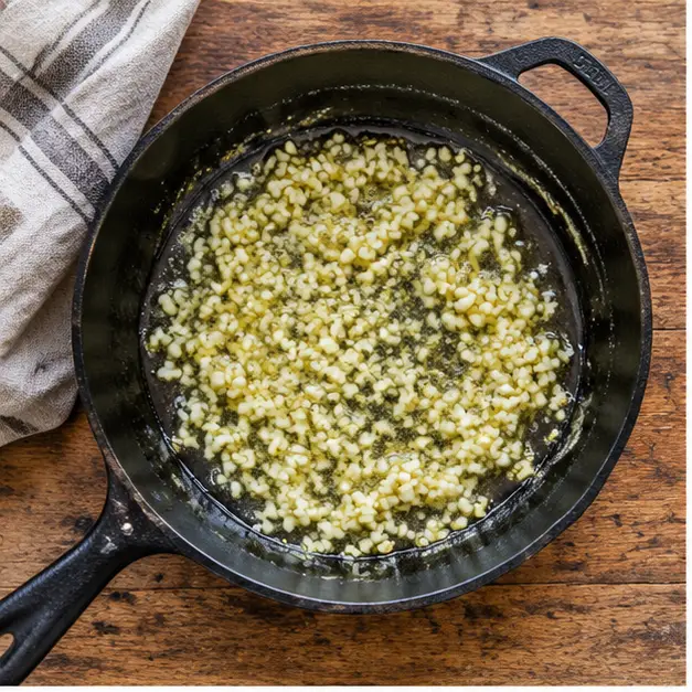 Step 1: Minced garlic blooming in shimmering olive oil in a small cast iron skillet