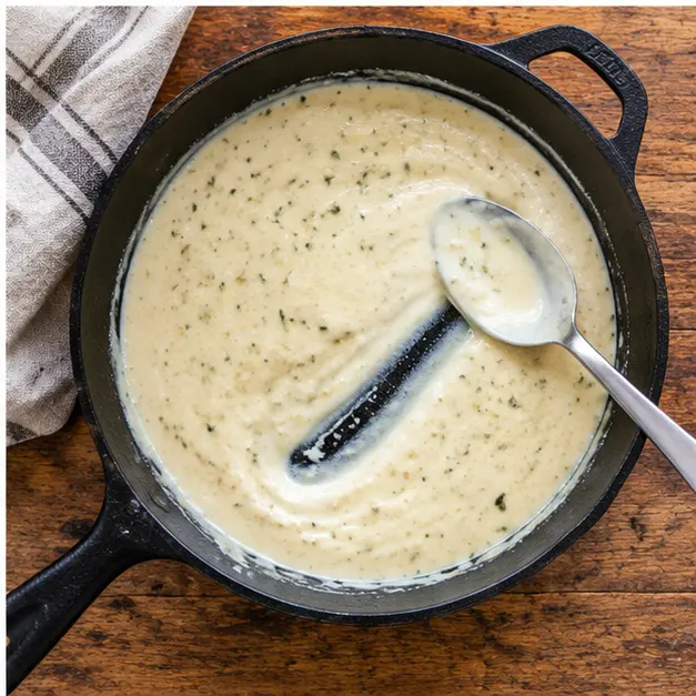Step 4: Simmered sauce thickened to a silky ribbon that holds a spoon trail