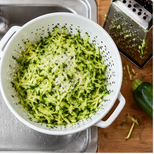 Step 1: Shredding medium zucchini on a box grater into a colander, then tossing with kosher salt to drain