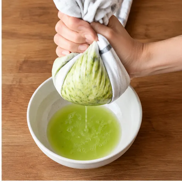 Step 2: Wrapping salted shredded zucchini in a clean kitchen towel and squeezing out the pale green liquid