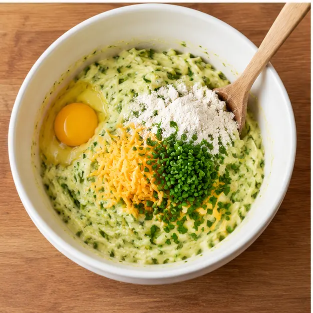 Step 3: Stirring thick pale green fritter batter with shredded zucchini, egg, flour, cheddar and chives in a white bowl