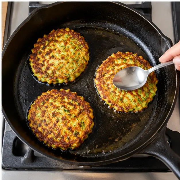 Step 4: Frying small round golden-brown zucchini fritters in a thin layer of olive oil in a black cast iron skillet, flattening one with a spoon